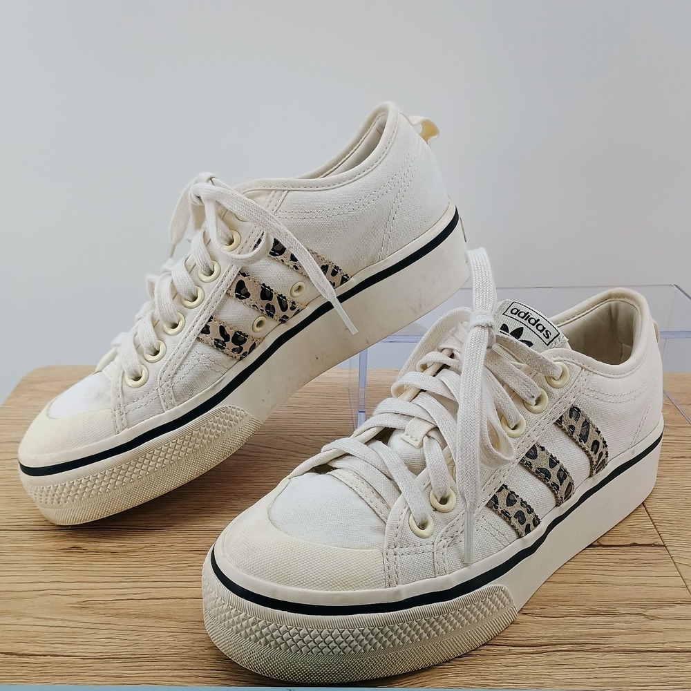 Adidas Originals Nizza Platform Womens 8.5 White Canvas Sneakers Leopard Print